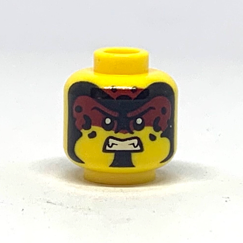 Minifig Head, Dark Red Facepaint, Black Sports, Smile / Angry Showing Teeth Print Gelb