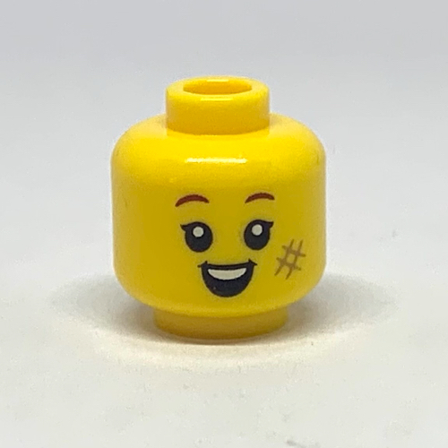 Minifig Head, Dark Tan '#' Scuff on Cheek, Smile, Closed Mouth / Open Mouth Print Gelb