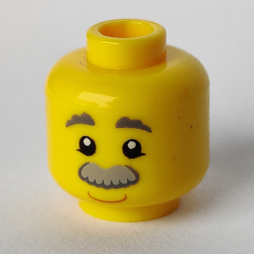 Minifig Head, Dark Bluish Gray Eyebrows, Light Bluish Gray Moustache, Smile / Red Tongue Sticking Out Print Yellow