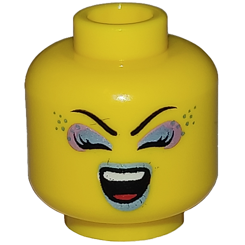 Minifig Head, Pink and Light Blue Eye Shadow, Light Blue Lips, Smile, Open Eyes / Closed Eyes Print Yellow