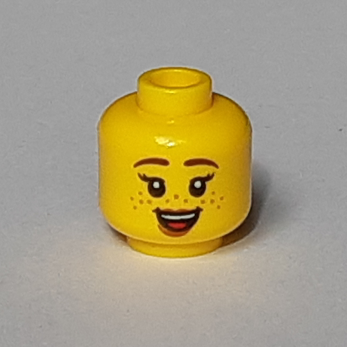 Minifig Head, Reddish Brown Eyebrows, Freckles, Smile, Open Mouth / Closed Mouth Print Yellow