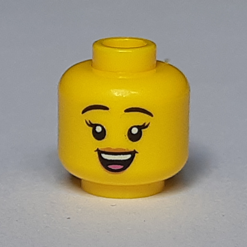 Minifig Head, Peach Lips, Open Mouth Smile / Sunglasses Print Yellow