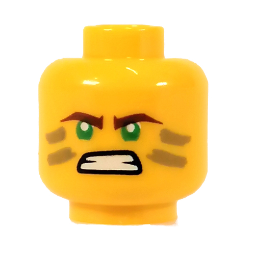 Minifig Head Lloyd Garmadon, Dark Tan Stripes, Reddish Brown Eyebrows, Green Eyes, Determined, Angry print Gelb