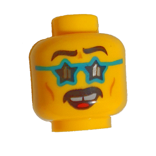 Minifig Head Jacob, Dark Turquoise Glasses, Teeth, Missing Tooth, Mustache, Smile / Scared print Yellow
