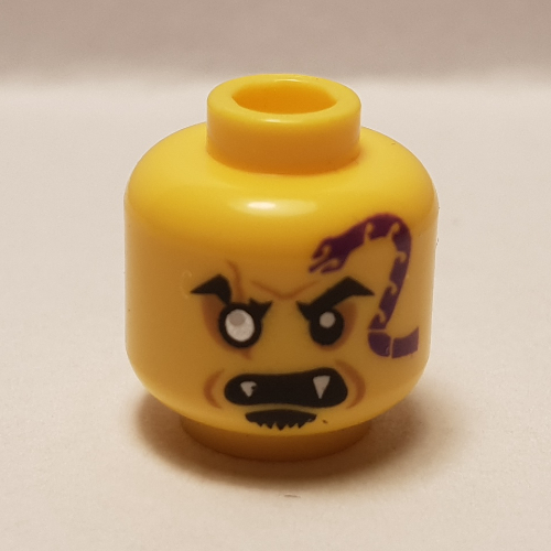 Minifig Head Eyezore, White Eye, Dark Purple Snake, Fangs, Goatee print Gelb