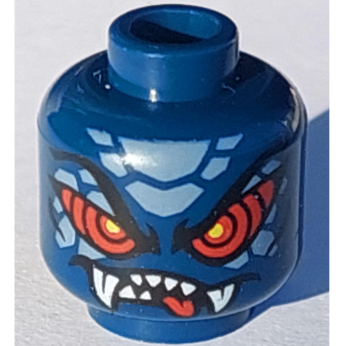 Minifig Head Serpentine, Red Eyes, White Fangs, Sand Blue Scales print Dark Blue