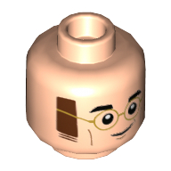 Minifig Head James Potter, Gold Glasses, Reddish Brown Sideburns, Smirk / Open Mouth Smile Print Light Nougat