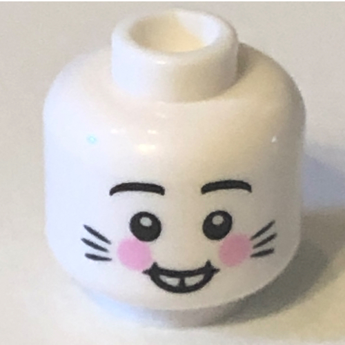 Minifig Head Rabbit / Bunny, with Buck Teeth, Whiskers, Pink Blushes Print White