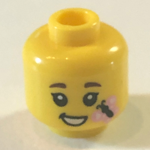 Minifig Head, Brown Eyebrows, Closed Mouth Smile / Open Mouth Smile with Pink Butterfly Print Gelb