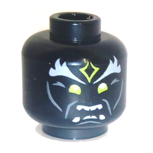Minifig Head Skull Sorcerer, Light Bluish Gray Bushy Eyebrows, Yellowish Green Forehead Marking and Eyes, Angry Mouth Showing Teeth Print Schwarz