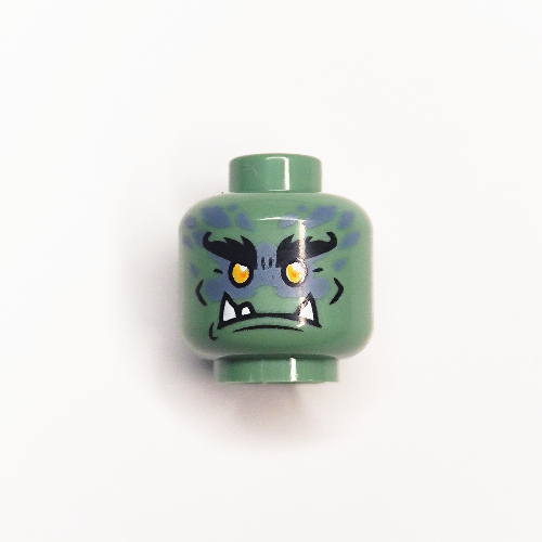 Minifig Head Murt / Moe, Bushy Eyebrows, Yellow Eyes, 3 Pointed Teeth, and Sand Blue Spots on Back Print Sandgrün