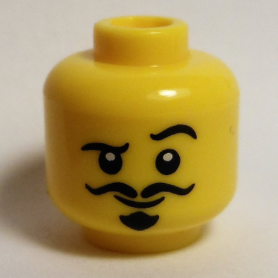 Minifig Head, Moustache, Goatee, Raised Left Eyebrow, Smile Print Yellow