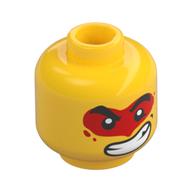 Minifig Head Monkie Kid, Thick Eyebrows, Serious / Lopsided Open Mouth Smile with Teeth and Red Paint Around Eyes Print Gelb