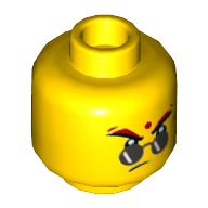 Minifig Head Red Son, Round Sunglasses, Red Forehead Dot, Frown / Raised Eyebrows with Open Mouth with Teeth Print Gelb