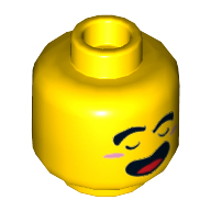 Minifig Head Monkie Kid, Closed Eyes with Markings Under Eyes and Open Mouth Smile / Angry Showing Teeth Print Gelb