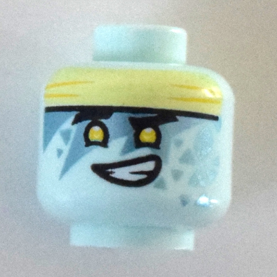 Minifig Head Jay, Light Yellow Eyes and Headband, Triangles, Smile / Open Mouth and Closed Eyes Light Aqua