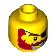 Minifig Head Captain Redbeard, Red/Gray Beard, Eyepatch, Reddish Brown Mustache Print Yellow