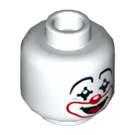 Minifig Head Jimbo Loblo, Clown Make Up, Pointed Eyes, Red Nose and Mouth, Smile with Tongue Print Weiß