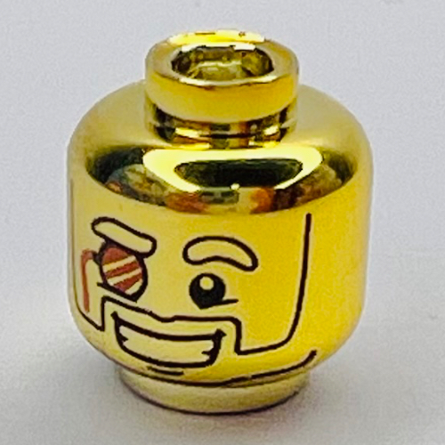 Minifig Head Mr Gold, Monocle, Wide Grin with Teeth Print Chrome Gold
