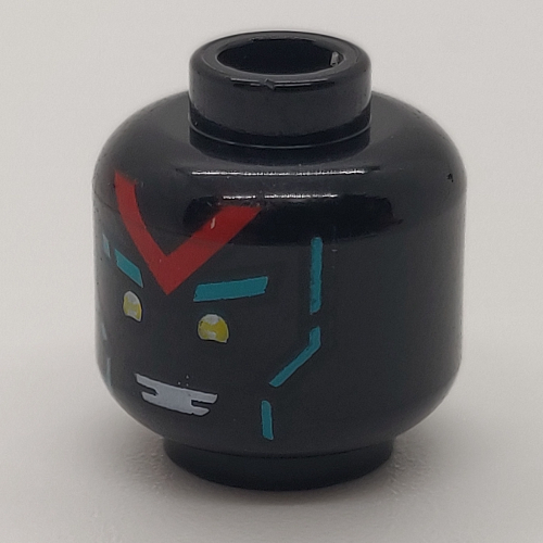 Minifig Head Unagami, Yellow Eyes, Red 'V', Dark Turquoise Eyebrows and Lines / Angry with Red Squares Print Schwarz