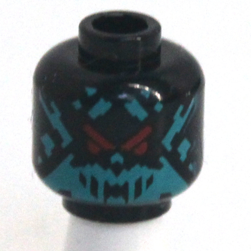 Minifig Head Red Visor, Red 'V' and Eye Stripe with 9 Vertical Stripes / Dark Turquoise Pixelated Face with Red Eyes Print Schwarz