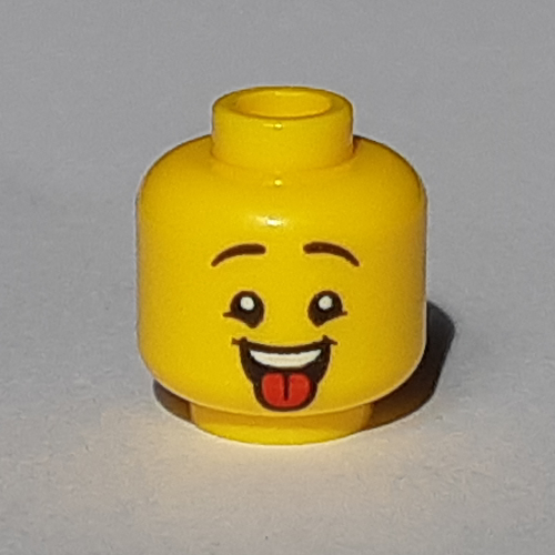 Minifig Head, High Eyebrows with Open Mouth / Red Tongue Sticking Out Print Yellow