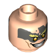 Minifig Head Junkrat, Olive Green Face Paint, Bright Light Yellow Eyebrows, Yellow Eyes, Open Mouth Smile / Gritted Teeth Smile Print Light Nougat