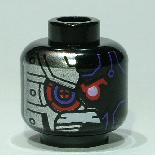 Minifig Head Nindroid, Dark Purple Lines, Red Eye, Gritted Teeth, Silver Armored Right Side / Silver Armored Left Side Print Black