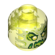 Minifig Head Ghost, Yellowish Green Face, Slime Mouth, Raised Eyebrows, Flames in Back [Hollow Stud] Transparent-Neongrün