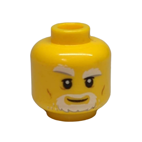 Minifig Head Merlok, Gray and White Beard, Thick Eyebrows, Right Raised Eyebrow, Dark Orange Cheek Lines Print Gelb
