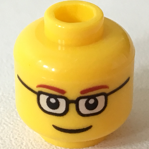 Minifig Head, Glasses Rectangular, Red Thin Eyebrows, Smile Print Yellow