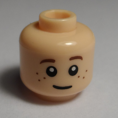 Minifig Head Bain, Dual Sided, Brown Eyebrows and Freckles, Slight Smile / Frown Print [Hollow Stud] Light Nougat