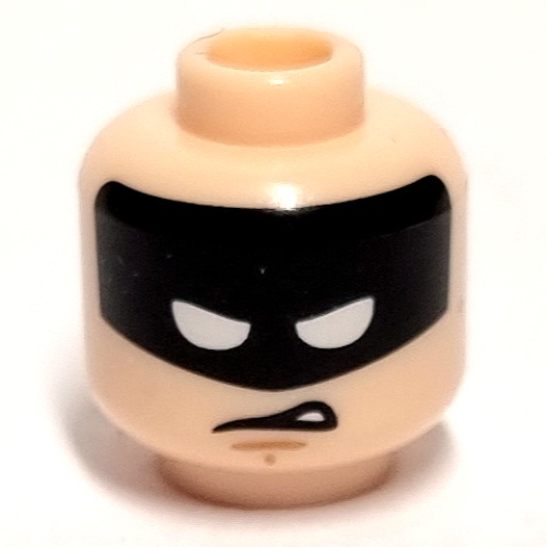 Minifig Head Batman, Black Mask with White Squinted Eyes, Worried / Disgusted Expression Print Light Nougat