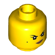 Minifig Head Nya, Eyebrows, Beauty Mark, Dark Tan Lips, Crooked Smile / Open Mouth Smile Print Yellow