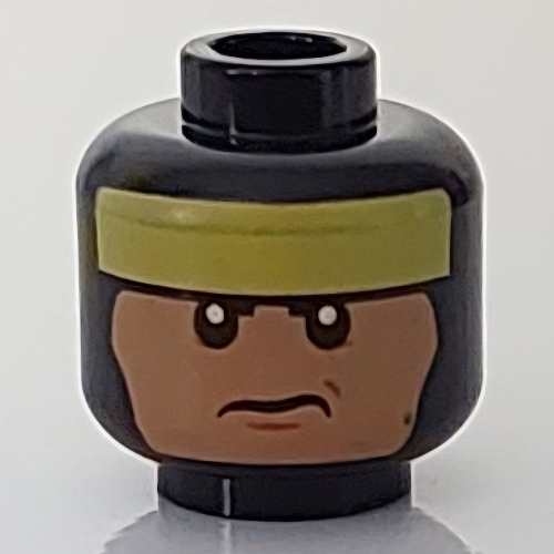 Minifig Head Batman, Balaclava with Yellow Headband, Nougat Face, Frown / Bared Teeth Print Schwarz