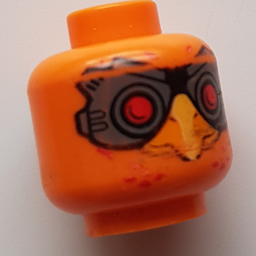Minifig Head Phoenix, Red Eyes and Dark Bluish Gray Goggles, Beak Orange