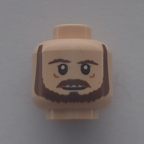 Minifig Head Qui-Gon Jinn, Dual Sided, Reddish Brown Beard, Mustache, Neutral / Raised Left Eyebrow Print [Hollow Stud] Light Nougat