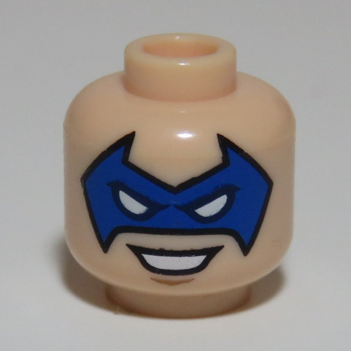 Minifig Head Trickster, Blue Eyemask Pointed, Open Smile Print [Hollow Stud] Light Nougat