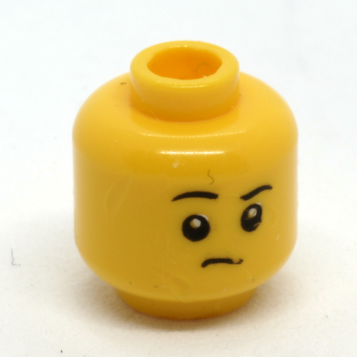 Minifig Head Child, Raised Right Eyebrow / Eyes Closed Raised Eyebrows Print Yellow