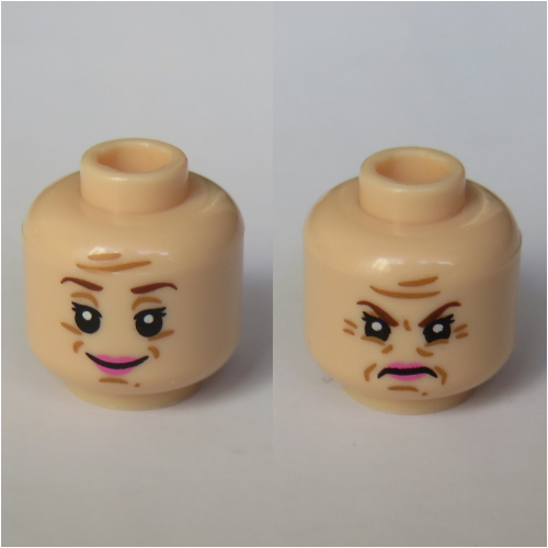 Minifig Head Dolores Umbridge, Dual Sided, Pink Lips, White Pupils, Reddish Brown Eyebrows Print [Hollow Stud] Light Nougat