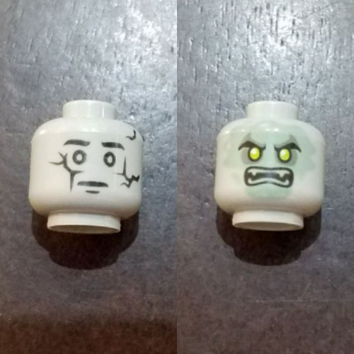 Minifig Head Stone Snake Temple Statue / Ghost Student, Dual Sided, Cracked Statue / Sand Green Ghost Face with Scowl and Fangs Print [Hollow Stud] Light Bluish Gray