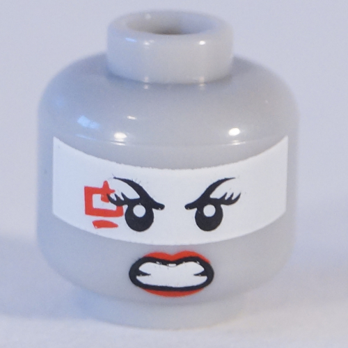 Minifig Head Harumi, Dual Sided, White Eyeband and Red Lipstick, Smile / Clenched Teeth Print [Hollow Stud] Light Bluish Gray