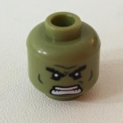 Minifig Head Hulk, Dual Sided, Bushy Eyebrows, Dark Green Lines, Raging / Scowl Print [Hollow Stud] Olivgrün