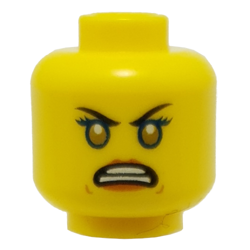 Minifig Head Nya, Eyebrows, Dark Orange Lips / Blue Rimmed Eyes, Gold Pupils, Angry Print Yellow