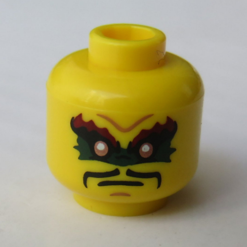 Minifig Head Krux, Dark Green / Red Eye Mask, Moustache Print [Hollow Stud] Yellow
