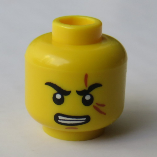Minifig Head Kai, Eyebrows, Scar over Eye, Clenched Teeth Print [Hollow Stud] Gelb