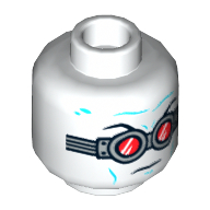 Minifig Head Mr Freeze, Goggles with Red Lenses, Medium Azure Wrinkles Print [Hollow Stud] Weiß