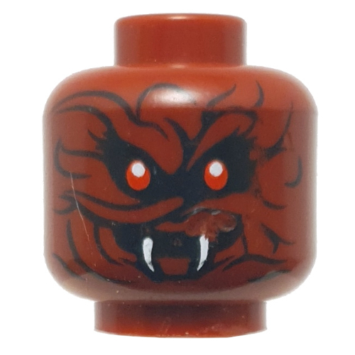 Minifig Head General Machia, Dual Sided, Red Eyes, Wrinkles, White Fangs, Smile, Slight Wavy Lines / Twisted Smile, Prominent Wavy Lines Print [Hollow Stud] Dark Red