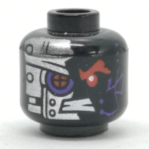 Minifig Head General Cryptor / Nindroid, Red Robot Eye with Purple Edge, Metal Plating, Rivets Print Black