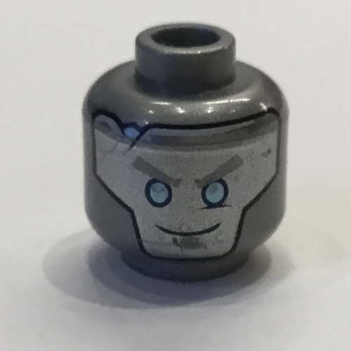 Minifig Head Zane, Blue Robot Eyes, Gray Eyebrows and Crack, Circles on Back Print [Hollow Stud] Mattsilber